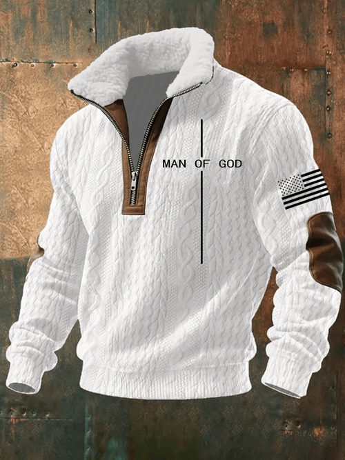 Men's Casual Faith Cross MAN OF GOD Zipper Fur Collar Long Sleeve Sweatshirt