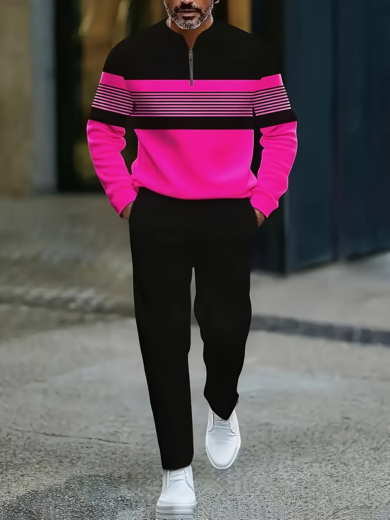 Men's Casual Color Matching Printed Round-Neck Zipper Long Sleeved Trousers Two-Piece Set