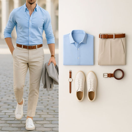 Men's Business Blue Casual Shirt And Trousers Two-Piece Set