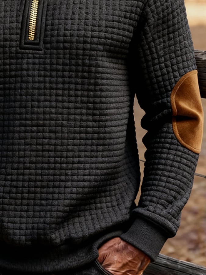 Men's Retro Color Block Print Zipper Sweatshirt