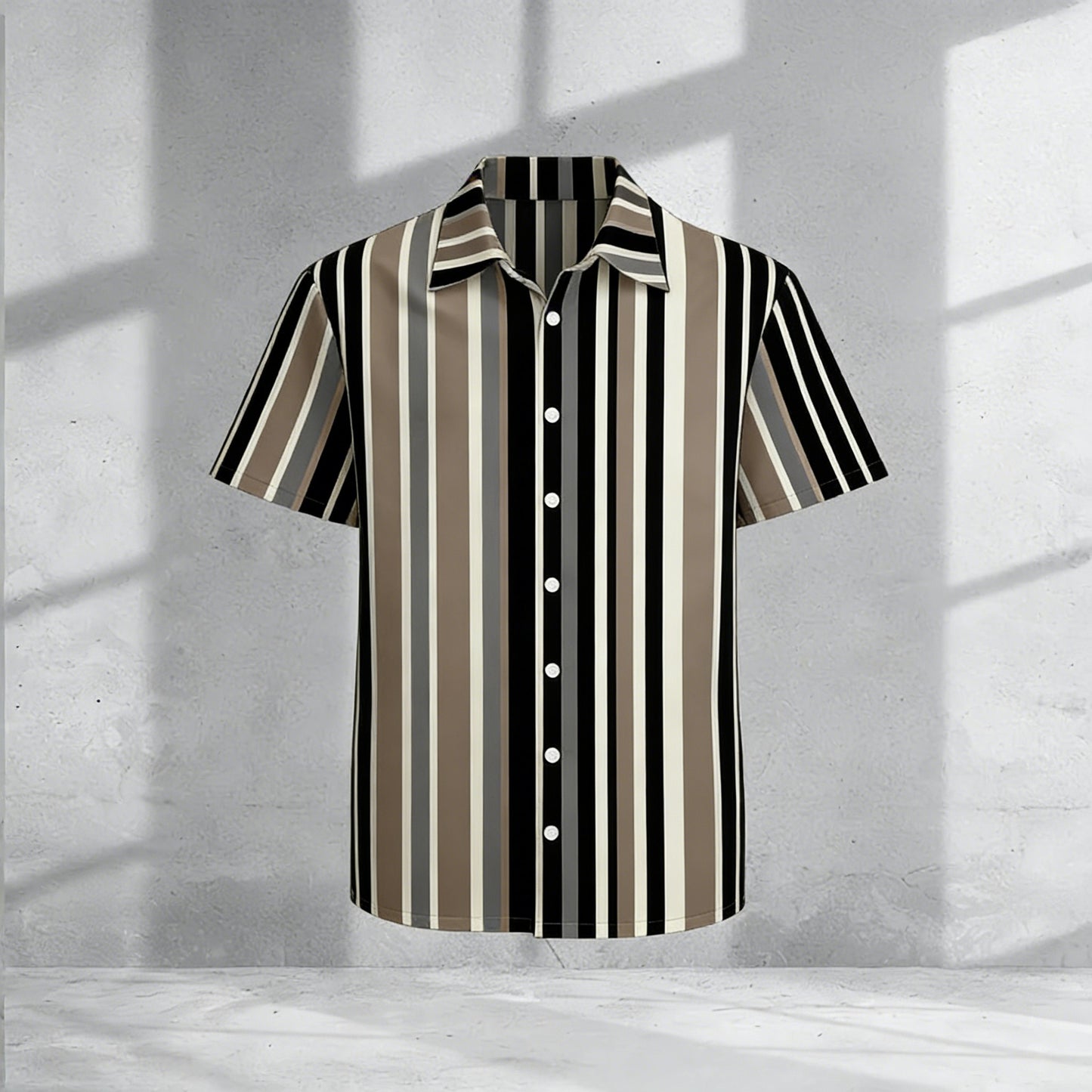 Men's Casual Black &Gray & Khaki Color Matching Striped Printed Shirt