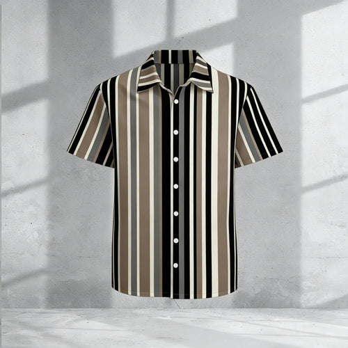 Men's Casual Black &Gray & Khaki Color Matching Striped Printed Shirt