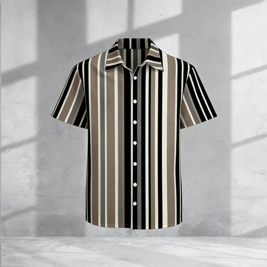 Men's Casual Black &Gray & Khaki Color Matching Striped Printed Shirt