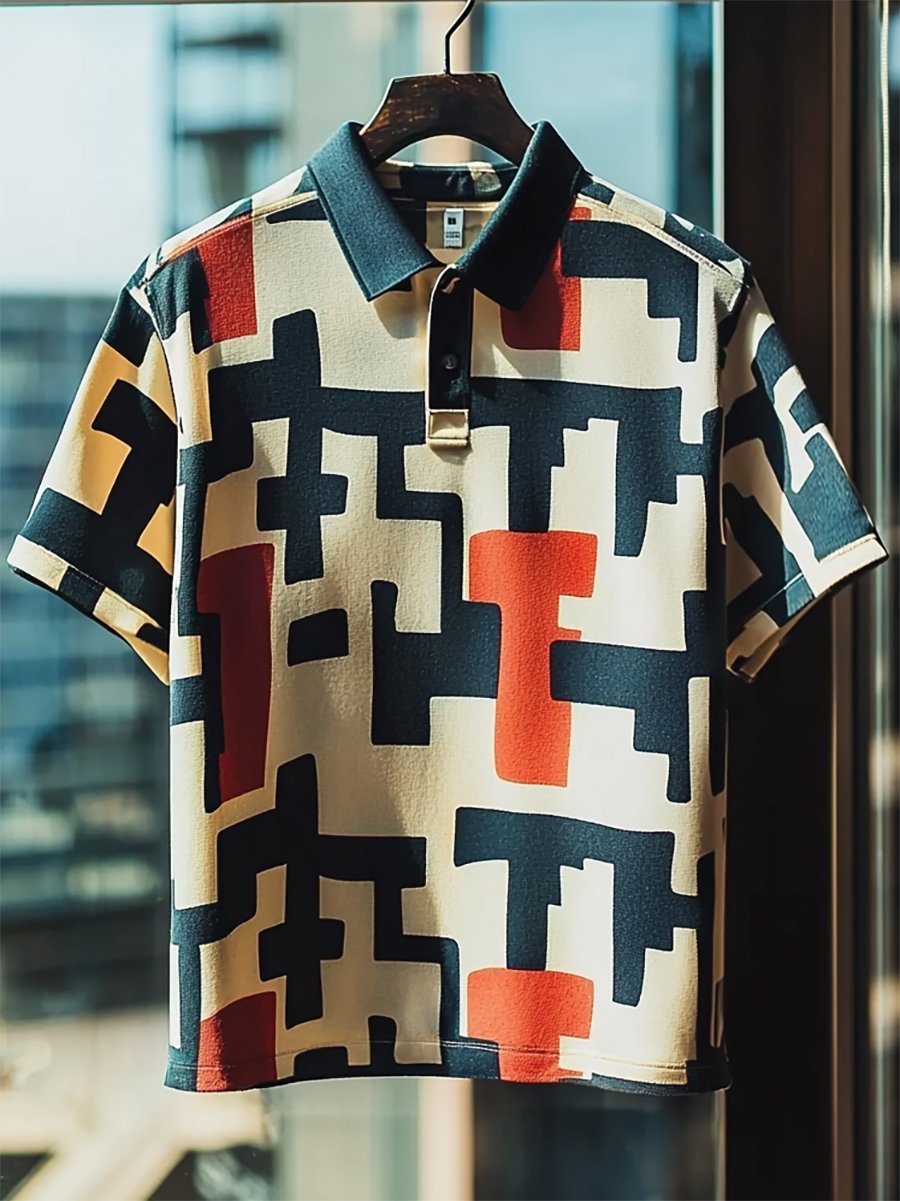 Men's Vintage Casual Bauhaus Geometric Art Button Short Sleeve Polo Shirt