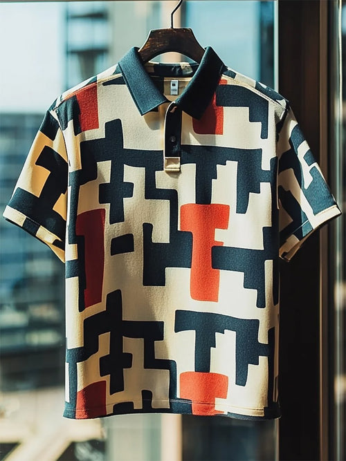 Men's Vintage Casual Bauhaus Geometric Art Button Short Sleeve Polo Shirt