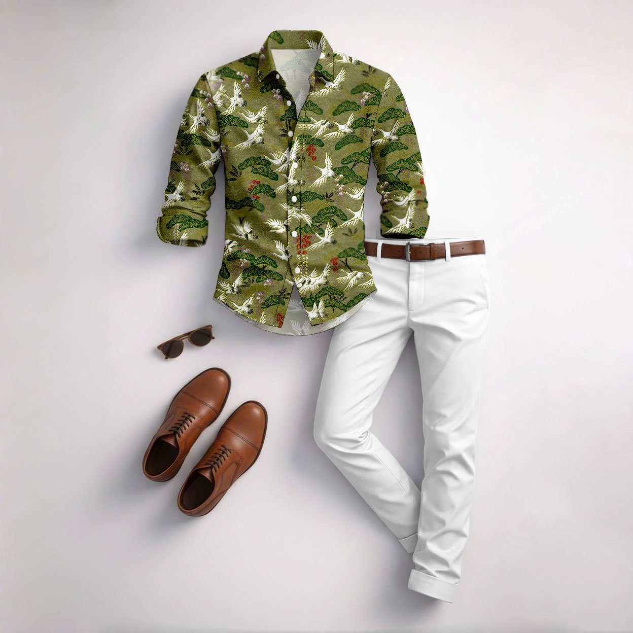 Men's Casual Green Color Matching Geometric Printed Long Sleeved Shirt & Trousers Two-Piece Set