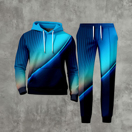 Men's Casual Blue Gradient Color Matching Printed Long-Sleeve Hoodies Sweatshirt & Trousers Two-Piece Set