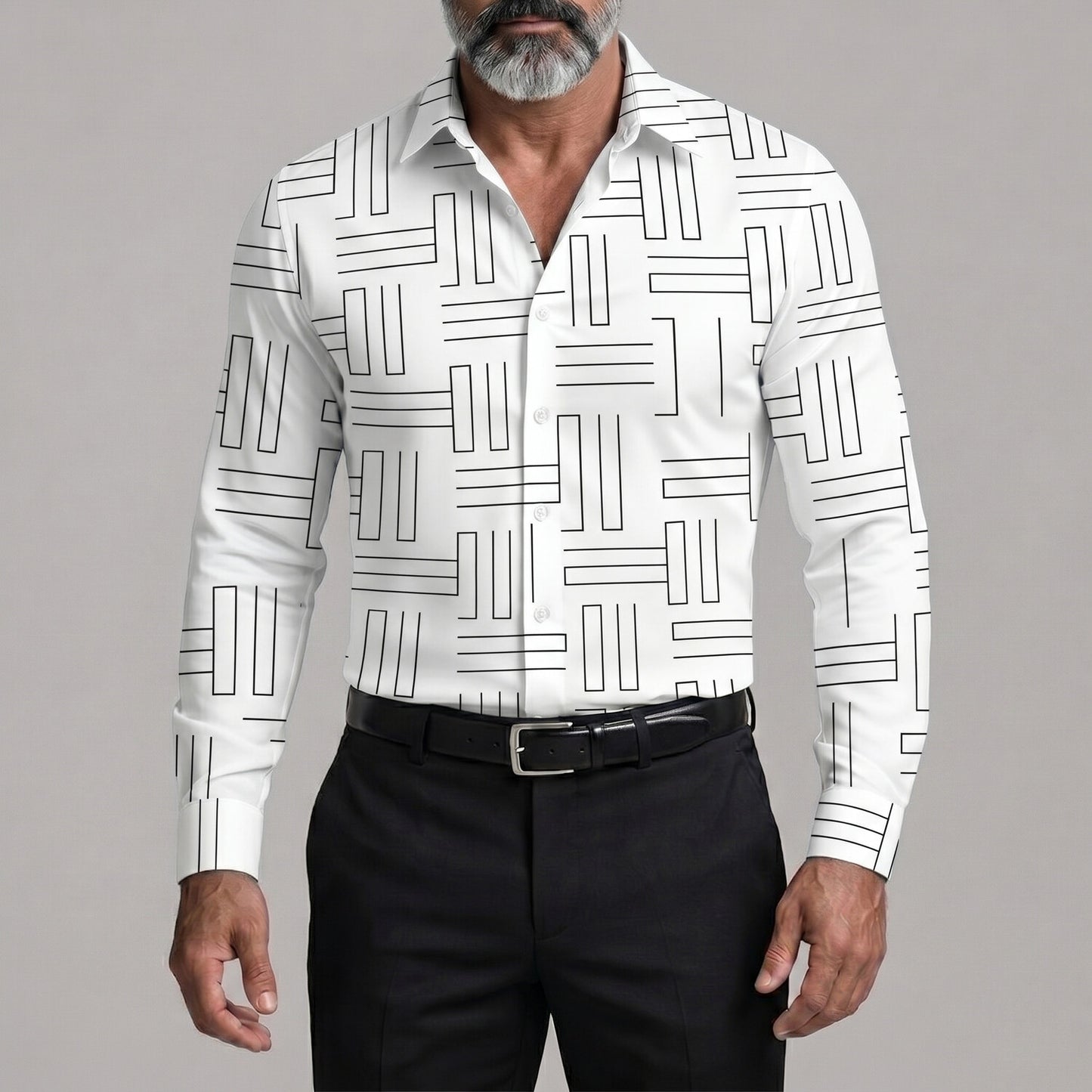 Men's Fashion Geometric Lines Print Button Up Business Casual Shirt