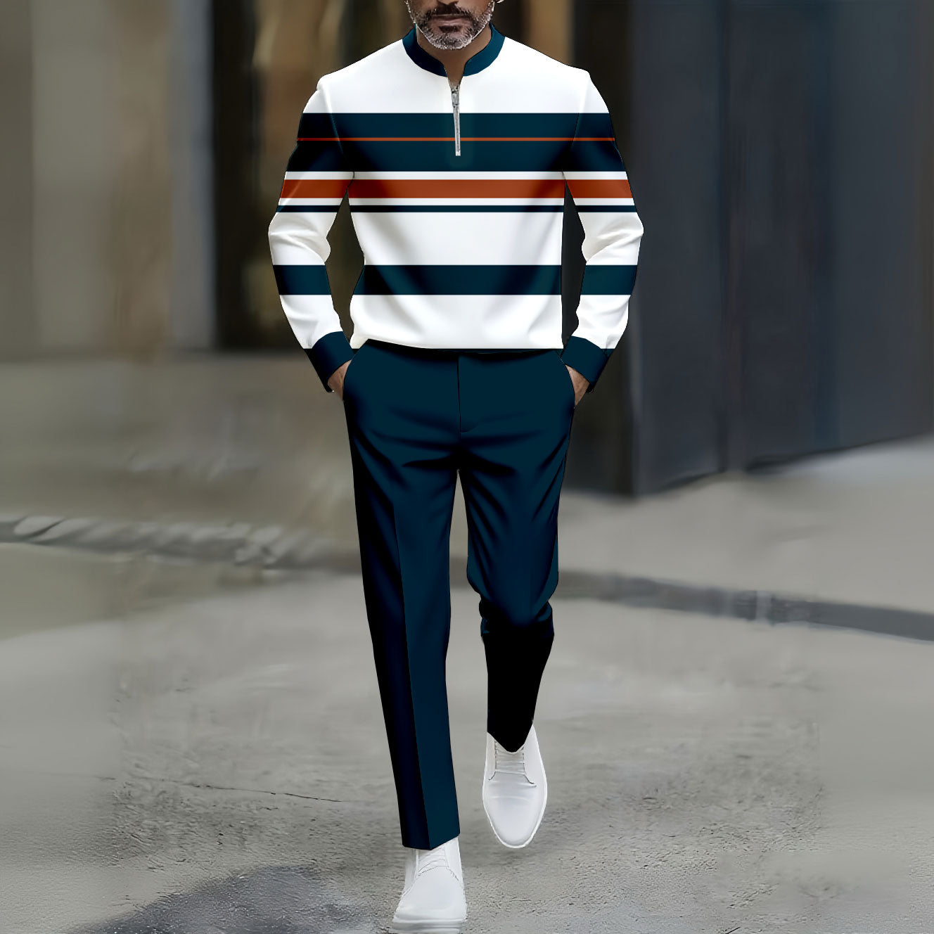 Men's Casual Navy Blue & White Color Matching Striped Printed Round-Neck Zipper Long Sleeved Trousers Two-Piece Set