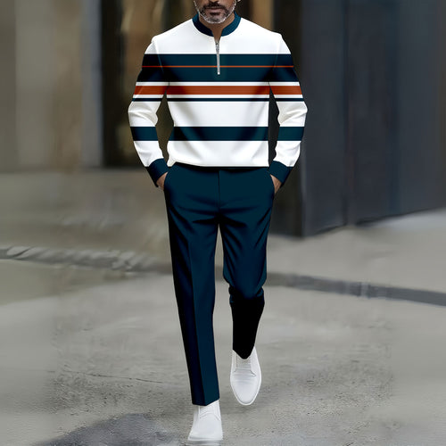 Men's Casual Navy Blue & White Color Matching Striped Printed Round-Neck Zipper Long Sleeved Trousers Two-Piece Set