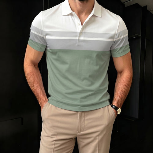 Men's Casual Light Green And Gray Stripes Polo Shirt