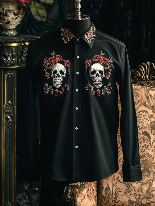 Men's Retro Casual Skull Print Long Sleeve Shirt