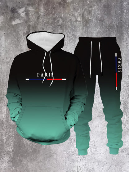 Men's Casual Black Gradient Color Printed Hoodies Long Sleeved Sweatshirts & Sweatpants Two-Piece Set