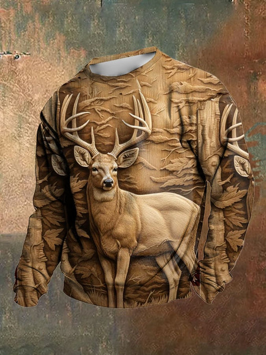 Men's Retro Western 3D Deer Pattern Print Crew Neck Sweatshirt