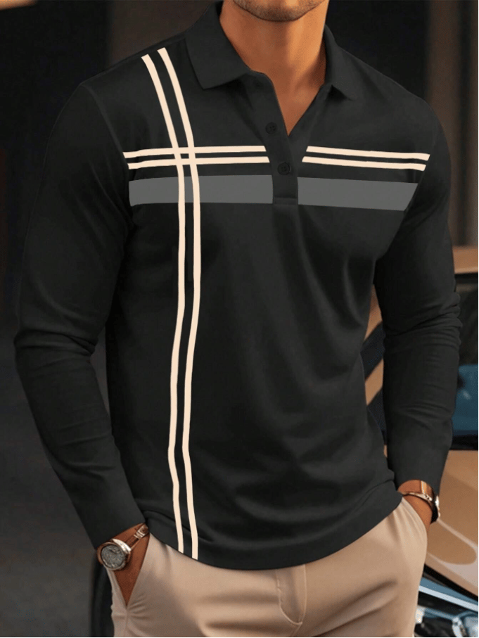 Men's Business Casual Striped Long-Sleeved Polo Shirt