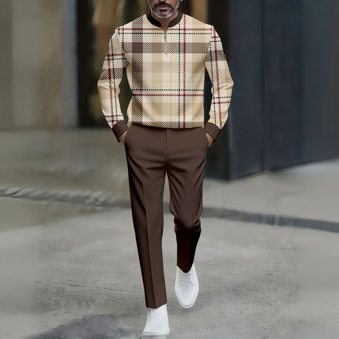 Men's Coffee & Khaki Casual Color Matching Checked Printed Round-Neck Zipper Long Sleeved Trousers Two-Piece Set