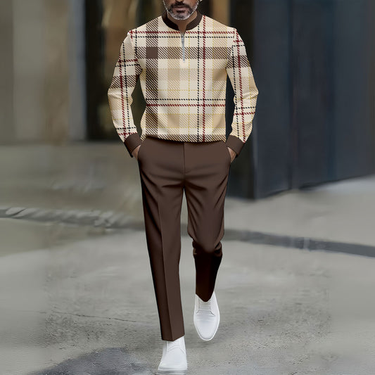 Men's Coffee & Khaki Casual Color Matching Checked Printed Round-Neck Zipper Long Sleeved Trousers Two-Piece Set