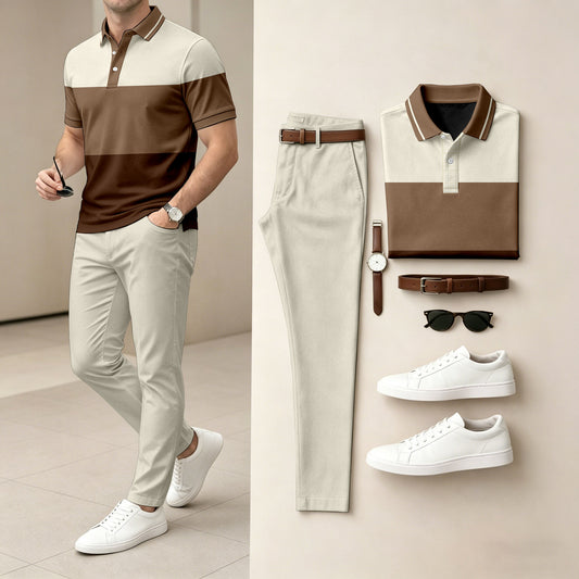 Men's Two-Piece Set: Color-Blocked Short-Sleeve Polo Shirt and Pants