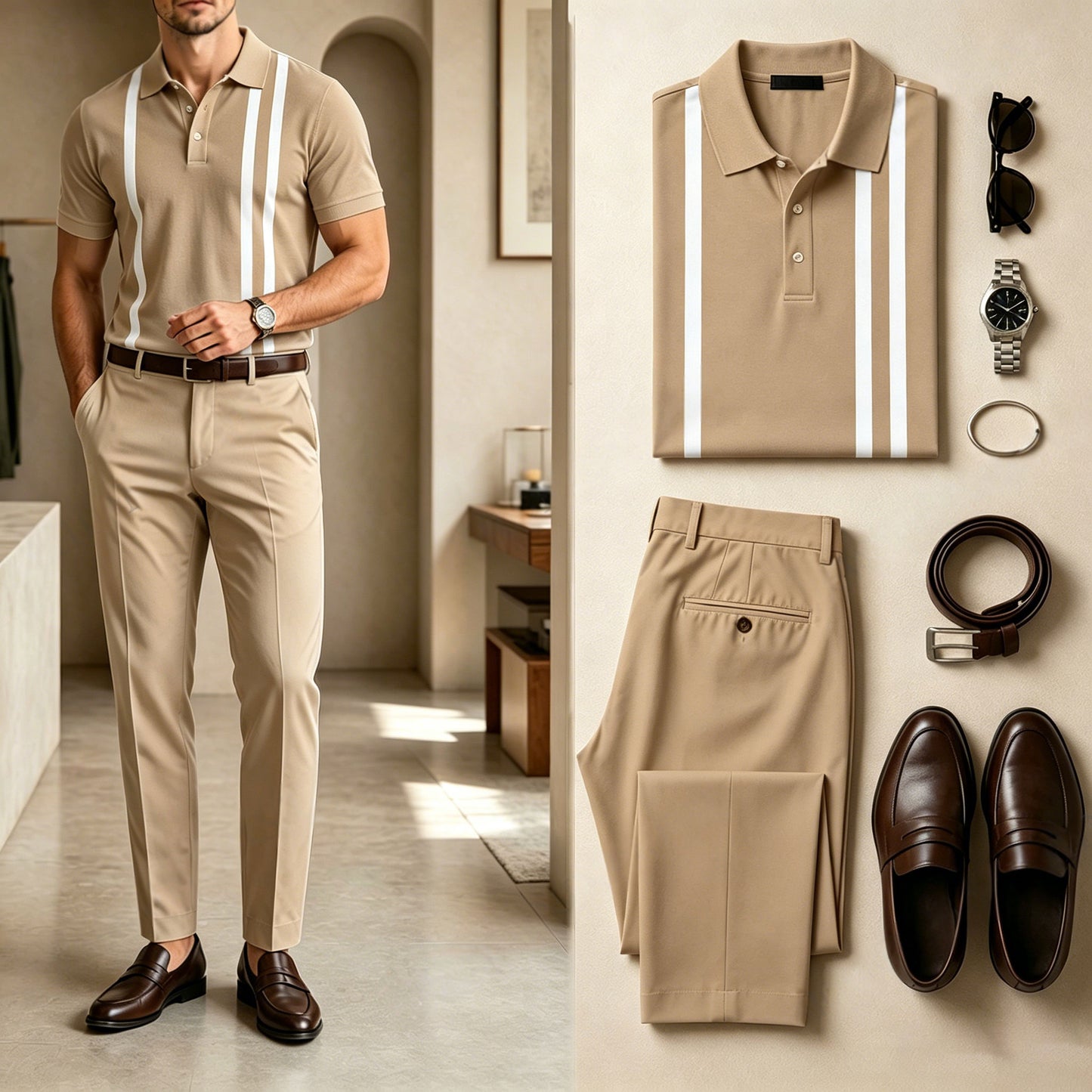 Men's Casual Vertical-Striped Patchwork Print Short-Sleeve Polo Shirt And Pants Set (Excludes Accessories Such As Watches And Belts)