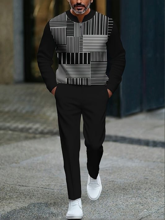 Men's Casual Color Matching Striped Printed Round-Neck Zipper Long Sleeved Trousers Black Two-Piece Set
