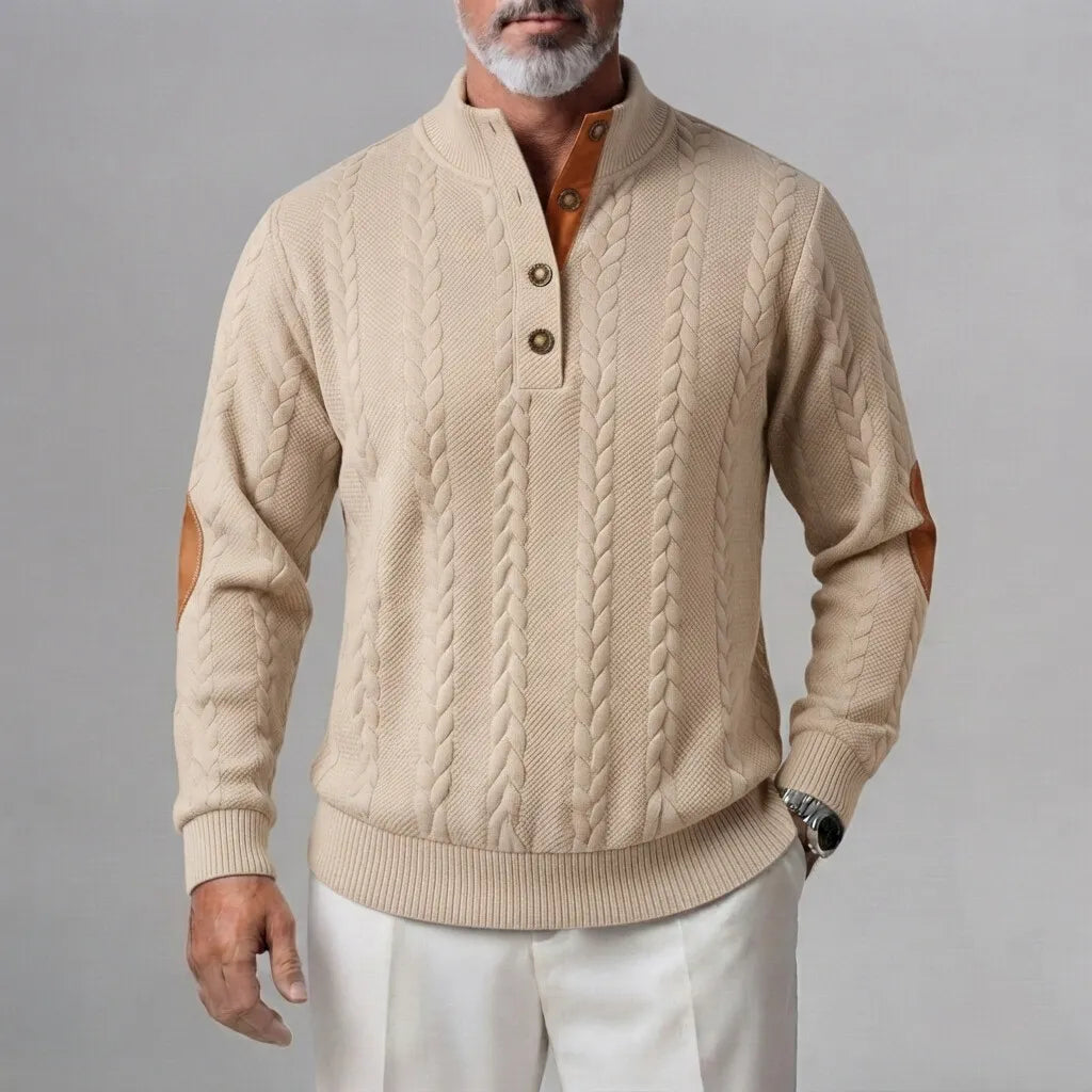 Men's Cable Knit Button Half Placket Stand Collar Patchwork Sweatshirt