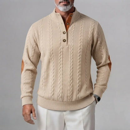 Men's Cable Knit Button Half Placket Stand Collar Patchwork Sweatshirt