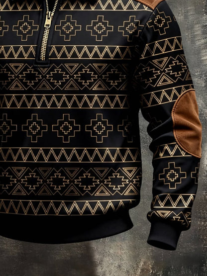 Men's Retro Color Block Print Color-Blocked Zip-Up Sweatshirt