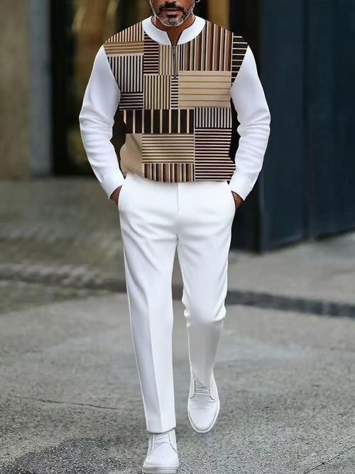 Men's Casual Color Matching Printed Round-Neck Zipper Long Sleeved Trousers Two-Piece Set