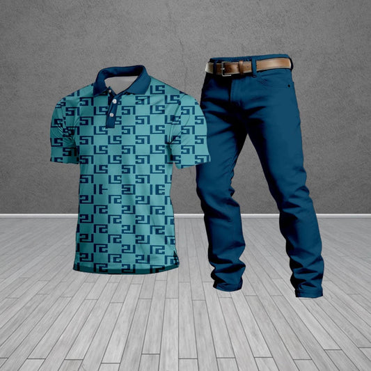 Men's Casual Royal Blue Patterned Short-Sleeved Polo Shirt And Trousers Two-Piece Set