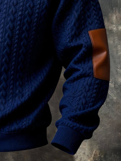 Men's Vintage-Style Textured Leather Paneling Comfortable Zip-Up Sweatshirt