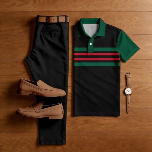 Men's Casual Black & Green Color Matching Striped Printed Short Sleeved Polo Shirt & Trousers Two-Piece Set