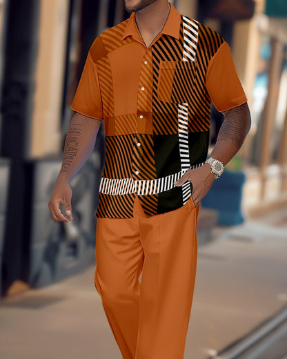 Men's Retro Colorblock Short Sleeve Shirt Walking Suit 1555