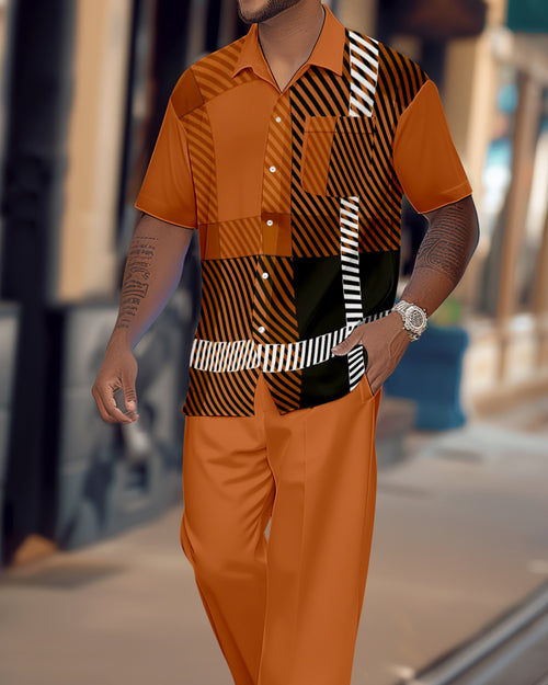 Men's Retro Colorblock Short Sleeve Shirt Walking Suit 1555
