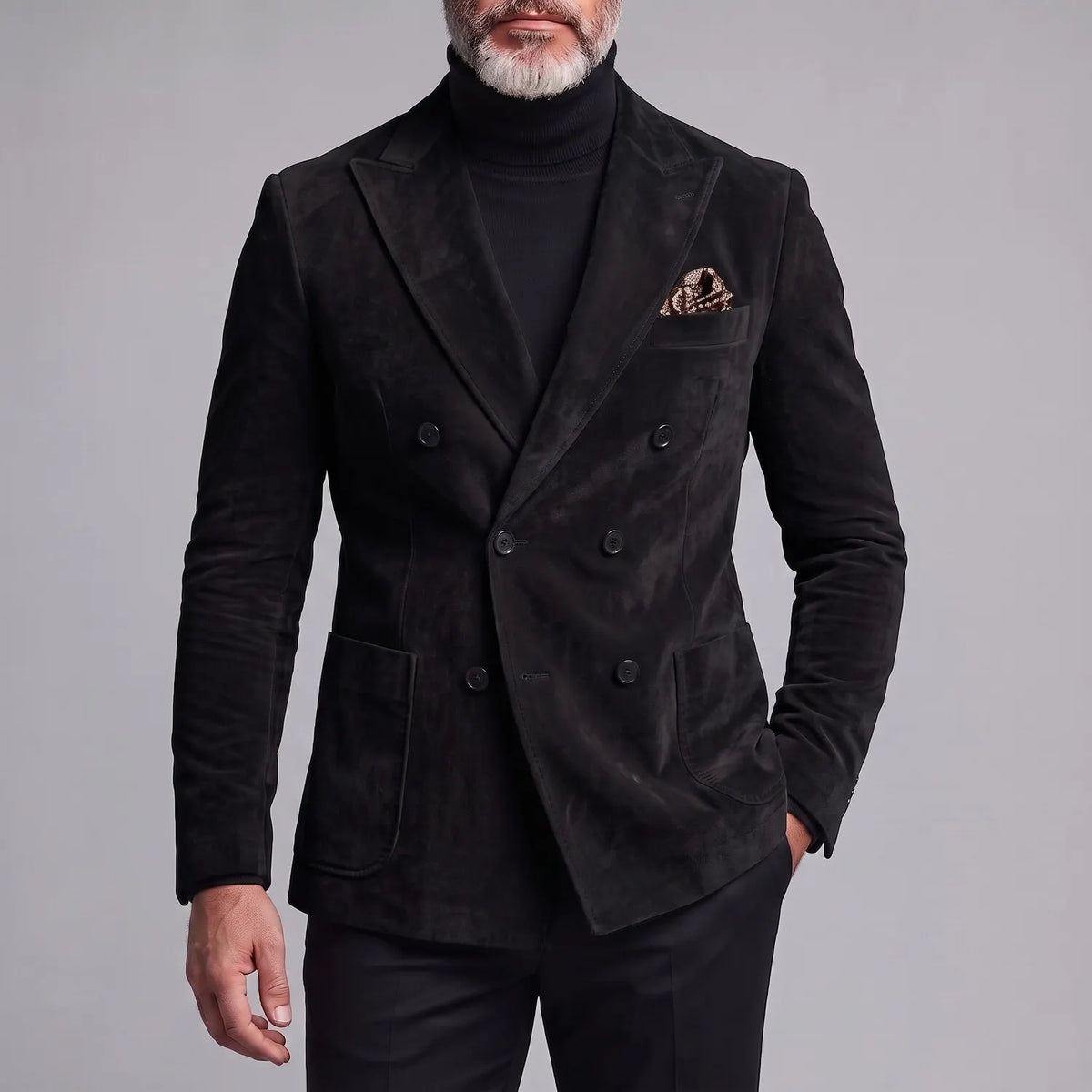 Men's Retro Khaki Suede Peak Lapel Double-Breasted Patch Pocket Slim Fit Blazer