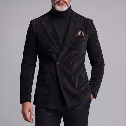 Men's Retro Khaki Suede Peak Lapel Double-Breasted Patch Pocket Slim Fit Blazer