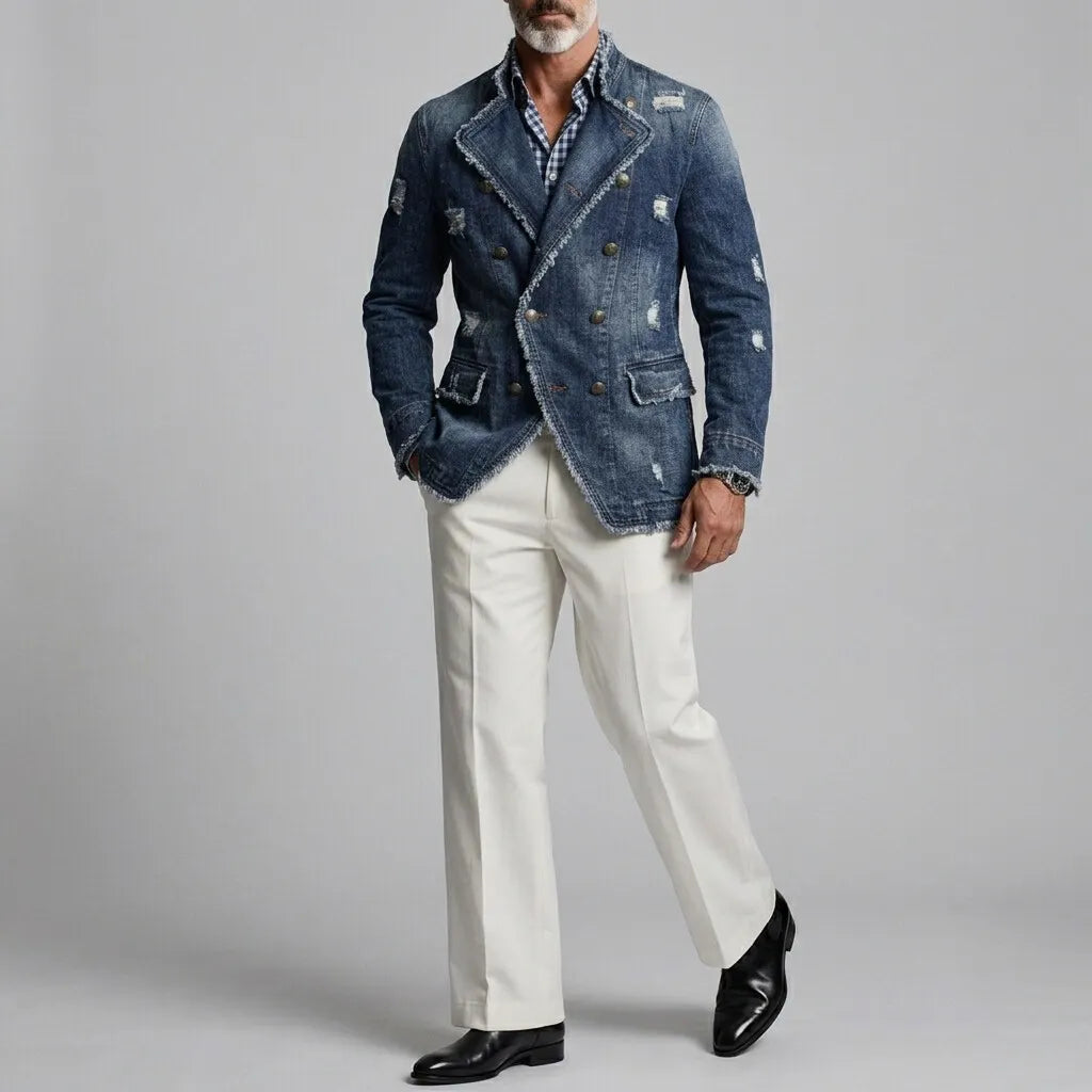 Men's Retro Ripped Frayed Edge Stand Collar Double-Breasted Denim Jacket