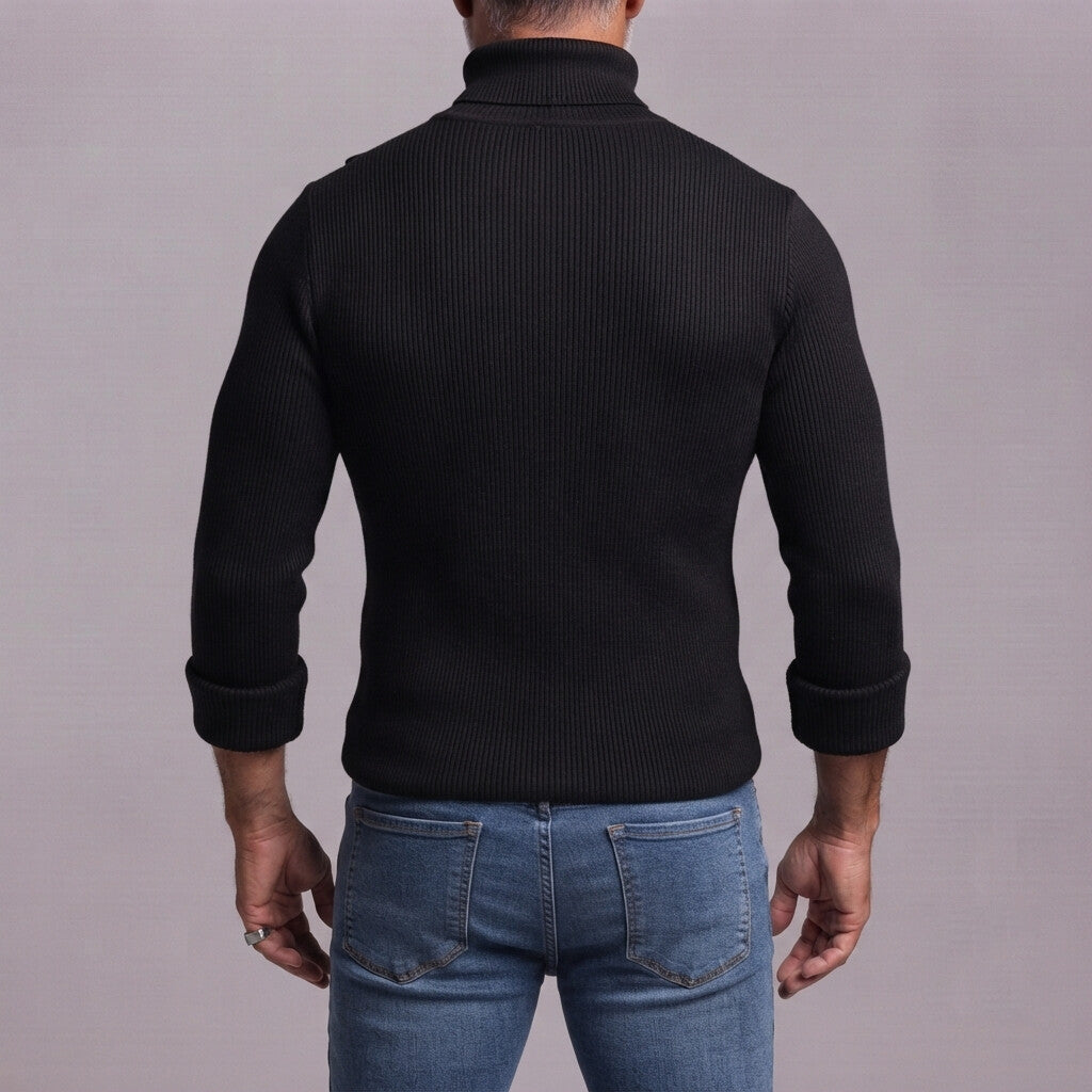 Men's White Ribbed Knitted Turtleneck Asymmetric Button Slim-Fit Long Sleeve T-Shirt