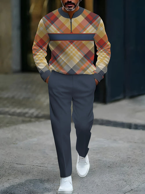 Men's Casual Gary & Multicolored Color Matching Checked Pattenr Round-Neck Zipper Long Sleeved Tops & Trousers Two-Piece Set