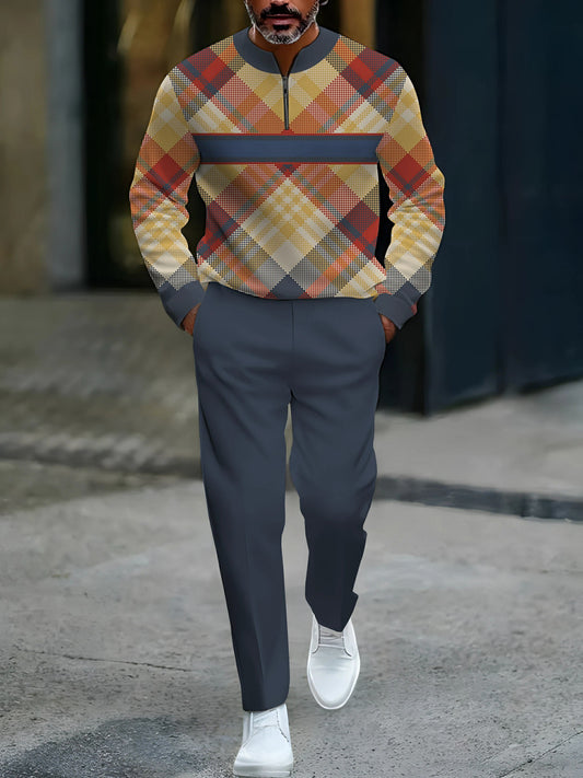 Men's Casual Gary & Multicolored Color Matching Checked Pattenr Round-Neck Zipper Long Sleeved Tops & Trousers Two-Piece Set