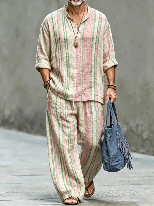 Men's Vintage Abstract Art Printed Cotton Shirt Set (Top & Pants)