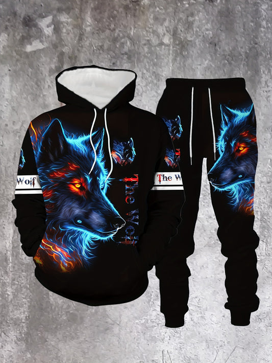Men's Casual “The Wolf“ Printed Hoodies Long Sleeved Sweatshirts & Sweatpants Two-Piece Set