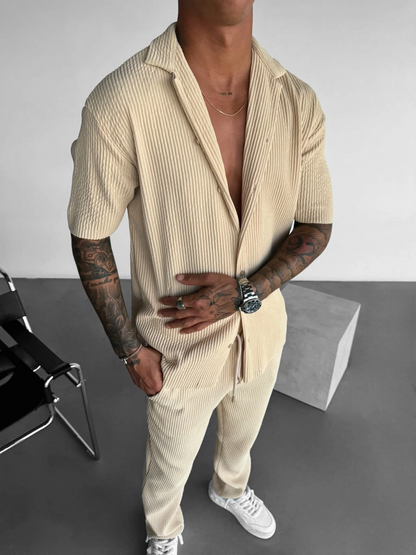 Men's Khaki Textured Short Sleeve Shirt Casual Two-piece Set