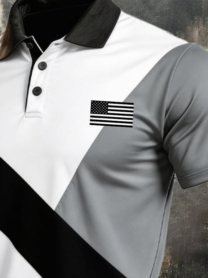 Men's Retro Patriotic Color-Block Short-Sleeve Polo Shirt