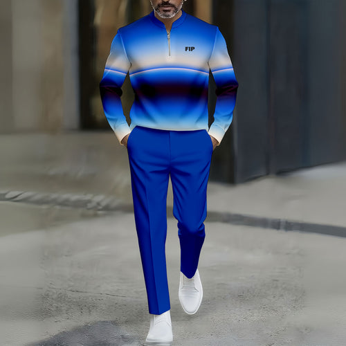 Men's Casual Blue Gradient Color Matching Striped Printed Round-Neck Zipper Long Sleeved Trousers Two-Piece Set