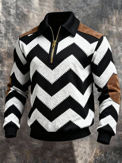 Men's Retro Color Block Print Zipper Sweatshirt