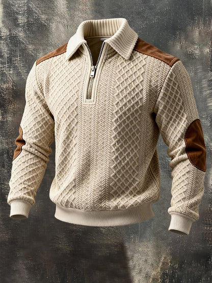 Men'S Vintage Textured Fabric And Suede Patchwork Color-Block Long-Sleeved Sweatshirt