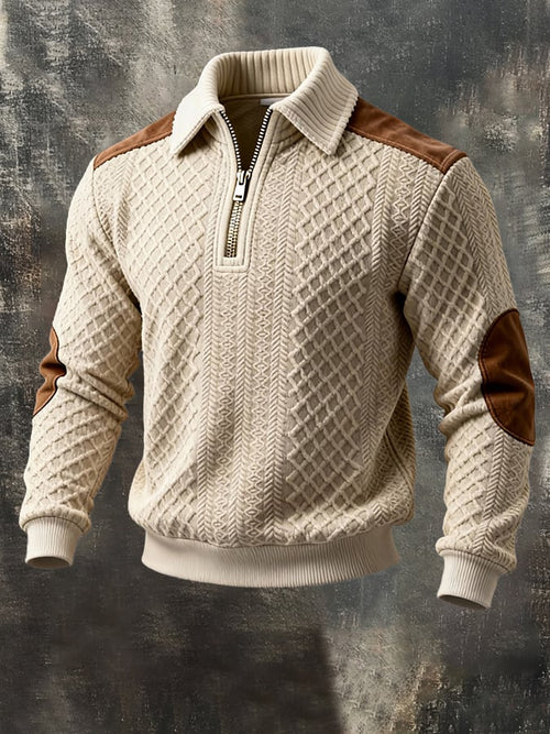 Men'S Vintage Textured Fabric And Suede Patchwork Color-Block Long-Sleeved Sweatshirt