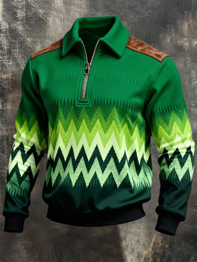 Men's St. Patrick's Day Printed Color-Block Zip-Up Hoodie