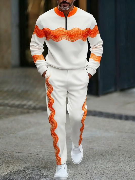 Men's Casual Color Matching Printed Round-Neck Zipper Long Sleeved Trousers Two-Piece Set