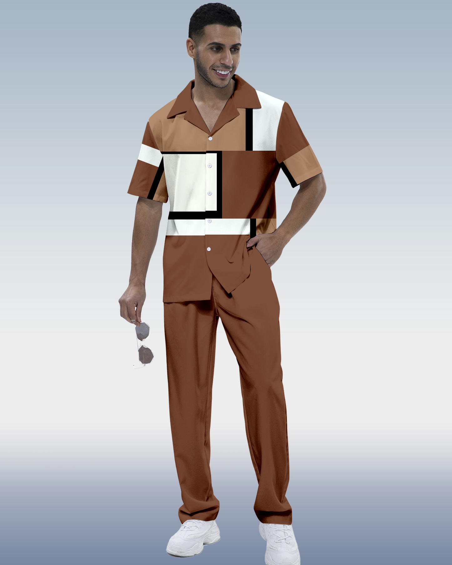 Men's retro printed short sleeve shirt walking suit 897